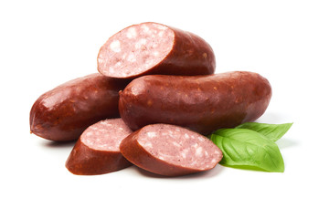 Grill sausages with basil herb, isolated on white background.