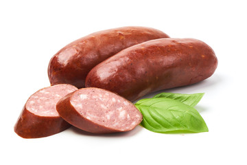 Grill sausages with basil herb, isolated on white background.