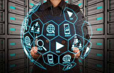 Digital marketing media (website ad, email, social network, SEO, video, mobile app) in virtual globe shape diagram.