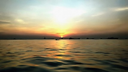 Oil painting. Art print for wall decor. Acrylic artwork. Big size poster. Watercolor drawing. Modern style fine art. Beautiful  tropical exotic landscape. Paradise. Resort. Wonderful tropical sunset.