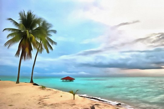 Oil painting. Art print for wall decor. Acrylic artwork. Big size poster. Watercolor drawing. Modern style fine art. Beautiful  tropical exotic landscape. Paradise. Resort view. Wild tropic island.