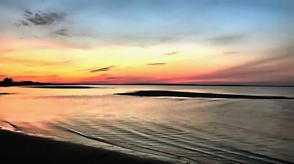 Oil painting. Art print for wall decor. Acrylic artwork. Big size poster. Watercolor drawing. Modern style fine art. Beautiful  tropical exotic landscape. Paradise. Resort view. Wonderful sunset.