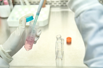 The woman researcher changing the a new growth medium for culture medium into the flask for...