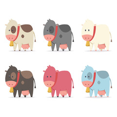 Cute cows with gold bell of different colors. Vector flat cartoon icons set isolated on white background.