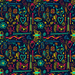 Seamless pattern with magical pattern. Mystical icon hand drawn print. Vector illustration for Halloween.