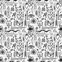 Fototapeta na wymiar Seamless pattern with magical pattern. Mystical icon hand drawn print. Vector illustration for Halloween.
