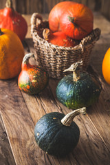 Pumpkins variety on table. Thanksgiving decoration