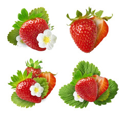 Fresh juicy strawberry with green leaves isolated