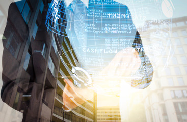 Double exposure of success businessman with abstract building