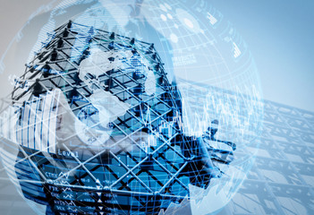 Double exposure of businessman working with new modern computer show social network structure as concept