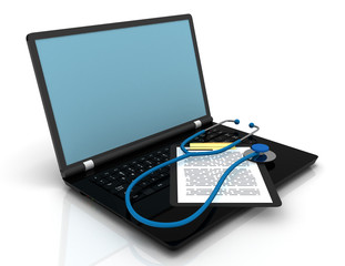 3d Laptop Stethoscope . 2d rendered illustration