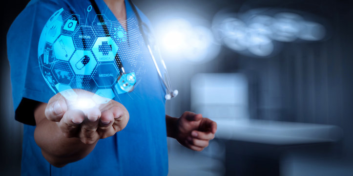 Health care and medical services concept with world or global form and AR interface.