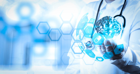 doctor neurologist hand show metal brain with computer interface as concept