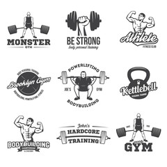 Bodybuilding, powerlifting, kettlebell, workout logotypes signs symbols. Fitness logos emblems design elements. Sports icons and elements.