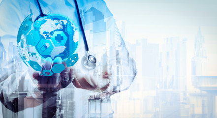 Double exposure of smart medical doctor holding the world with abstract city as concept