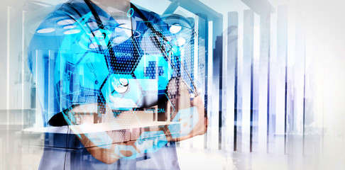 Double exposure of smart medical doctor working with abstract city as concept