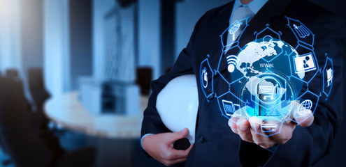 E-commerce concept with VR digital interface with icons of shopping cart and delivery truck and...