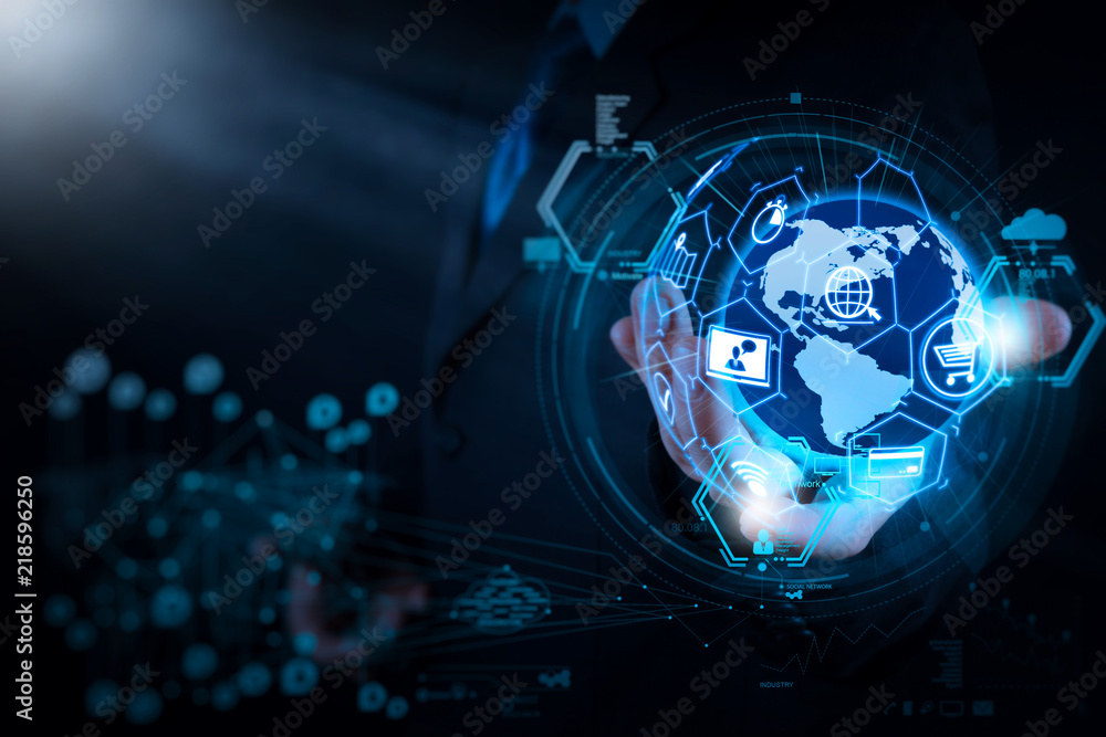 Aufkleber E-commerce concept with VR digital interface with icons of shopping cart and delivery truck and credit card with symbol of online purchase on internet.