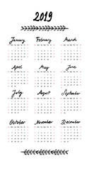 2019 calendar with the months and year written by hand. Hand drawn decorative border