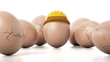Brown egg with yellow hardhat standing out among cracked eggs. 3D illustration