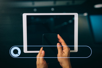 cyber security internet and networking concept.Businessman hand working with VR screen padlock icon on mobile phone and digital tablet computer