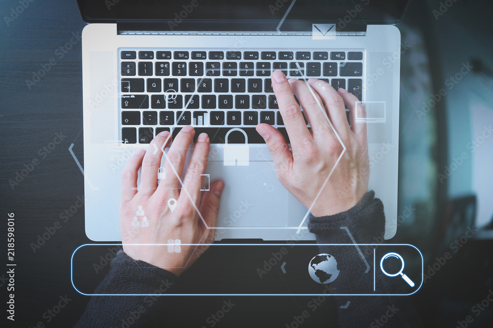 Poster cyber security internet and networking concept.businessman hand working with vr screen padlock icon 