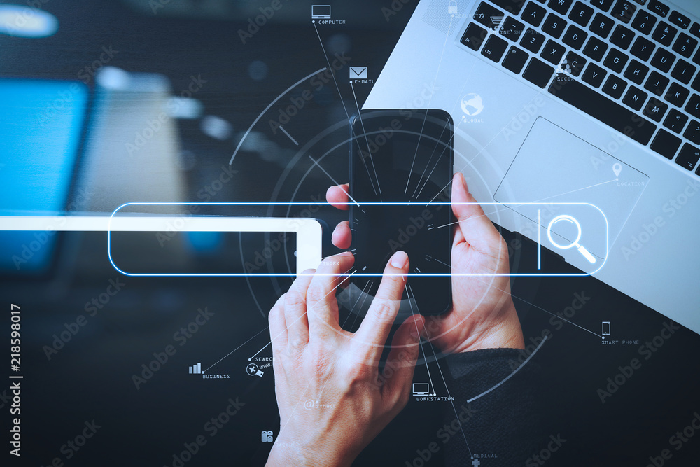 Leinwandbilder cyber security internet and networking concept.Businessman hand working with VR screen padlock icon mobile phone on computer background