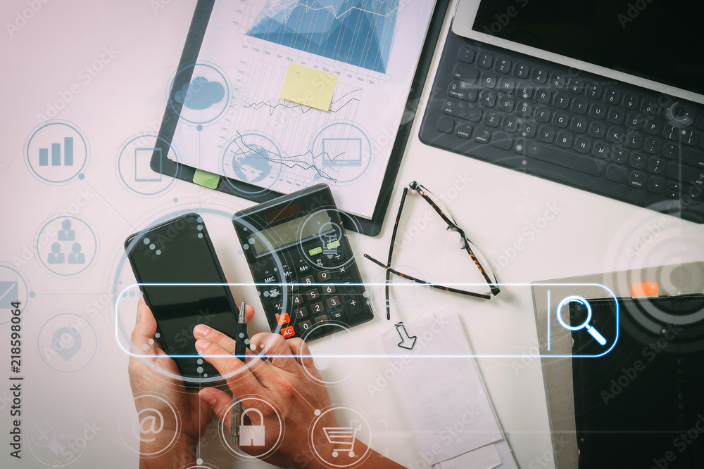 Poster top view of businessman hand working with finances about cost and calculator and latop with mobile p