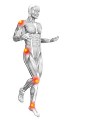 Conceptual human muscle anatomy with red and yellow hot spot inflammation or articular joint pain for health care therapy or sport concepts. 3D illustration man arthritis or bone osteoporosis disease