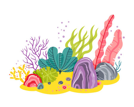 Background with ocean bottom, corals reefs, seaweed. Vector abstract illustration of an underwater landscape in a cartoon style