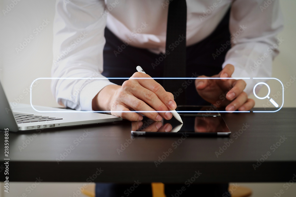 Poster Searching Browsing Internet Data Information Networking Concept with blank search bar.businessman working with digital teblet computer.