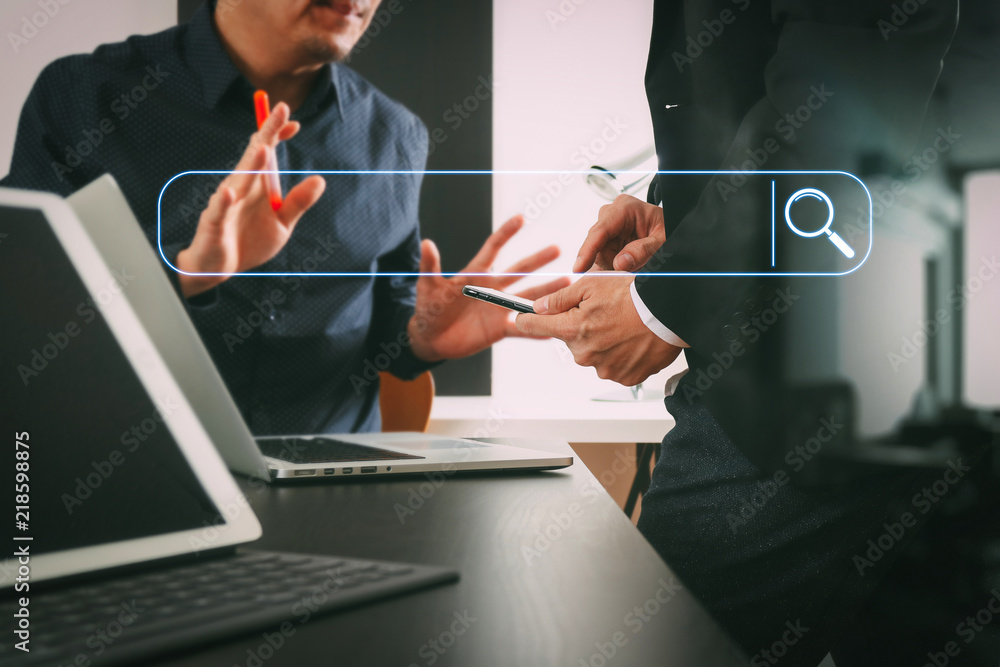 Poster co working team meeting concept,businessman using smart phone and digital tablet and laptop computer