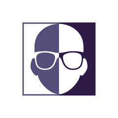 Unknown head in eyeglasses in square logo template. A square and a face of unknown human combined in vector sign. Vector illustration.