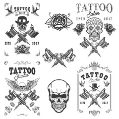 Obraz premium Set of tattoo studio emblems. Design elements for logo, label, emblem, sign, poster, t shirt.