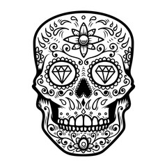 Illustration of mexican sugar skull. Day of the dead. Dia de los muertos. Design element for logo, label, emblem, sign, poster, t shirt.