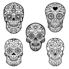 Set of colorful sugar skull isolated on white background. Day of the dead. Dia de los muertos. Design element for poster, card, banner, print.
