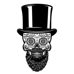 Bearded mexican sugar skull in vintage hat. DAY OF THE DEAD. Design element for poster, greeting card, banner, t shirt, flyer, emblem.
