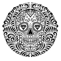 mexican sugar skulls with floral pattern background. DAY OF THE DEAD. Design element for poster, greeting card, banner, t shirt, flyer, emblem.