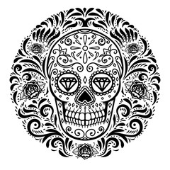 Fototapeta premium mexican sugar skulls with floral pattern background. DAY OF THE DEAD. Design element for poster, greeting card, banner, t shirt, flyer, emblem.