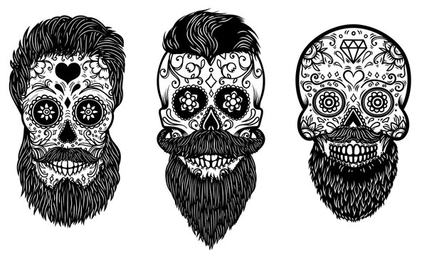 Set of bearded mexican sugar skulls with pattern. DAY OF THE DEAD. Design element for poster, greeting card, banner, t shirt, flyer, emblem.