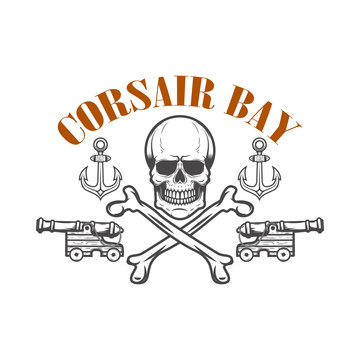 Pirate skull and cannons. Design element for poster, greeting card, banner, t shirt, flyer, emblem.