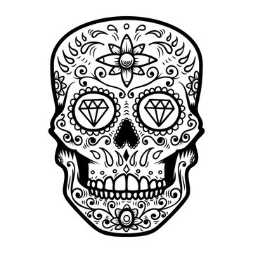 Illustration of mexican sugar skull. Day of the dead. Dia de los muertos. Design element for logo, label, emblem, sign, poster, t shirt.