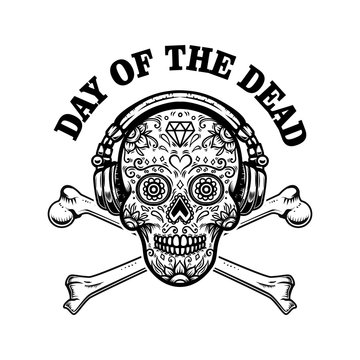 mexican sugar skull with headphones and crossbones. DAY OF THE DEAD. Design element for poster, greeting card, banner, t shirt, flyer, emblem.