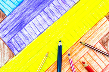 Simple children drawing with color pencil laying, colorful background. Back to school.