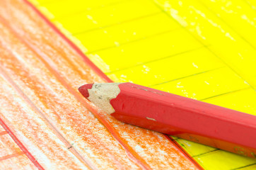 Simple children drawing with color pencil laying, colorful background. Back to school.