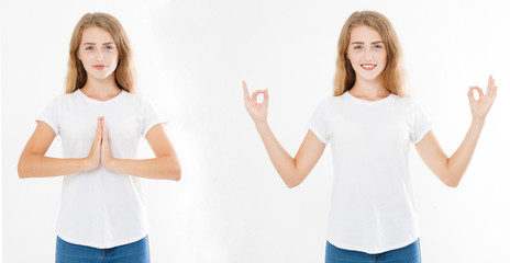 Collage of woman with calm and relaxed expression, standing in yoga pose with spreaded arms.Set of...