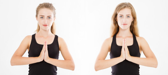 Close-up of hands of pretty woman collage, girl in t-shirt , meditating indoors, focus on arms in...