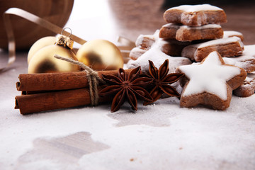 Christmas homemade gingerbread cookies with sugar powder. star cookies