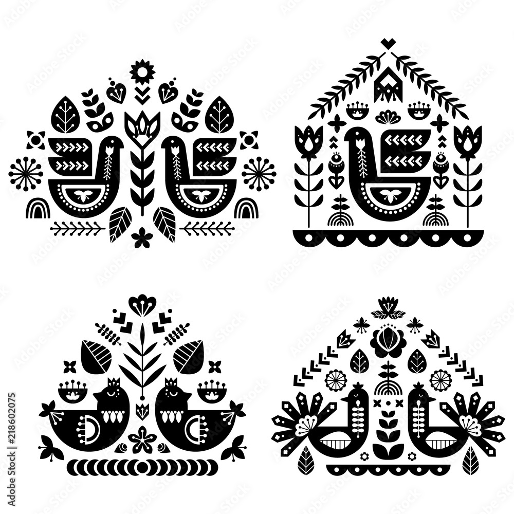 Poster folk art pattern collection with four single pattern. monochrome decorative composition with bird an