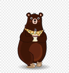 cartoon bear in slippers and necktie holding cup isolated